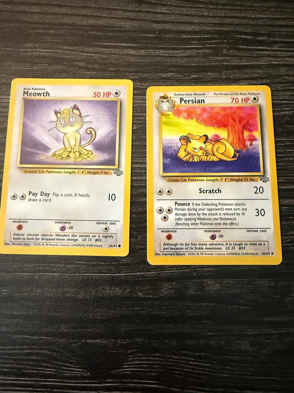 Vintage 1999 Pokemon Jungle Meowth 56/64 & Persian 42/64 Lot